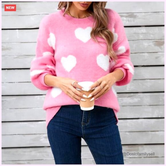 Oversized Heart Print Sweater Knitted Pullover Long Sleeve Valentine's Day Chic - Picture 4 of 6